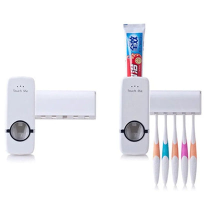 Glamstor|Toothpaste Dispenser With 5 Brush Holder Wall Mounted Automatic Hands Free Toothpaste Dispenser