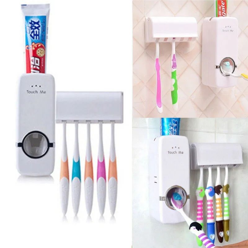 Glamstor|Toothpaste Dispenser With 5 Brush Holder Wall Mounted Automatic Hands Free Toothpaste Dispenser