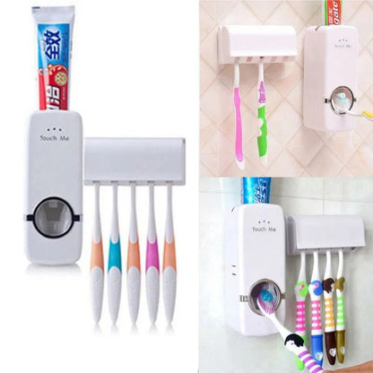 Glamstor|Toothpaste Dispenser With 5 Brush Holder Wall Mounted Automatic Hands Free Toothpaste Dispenser