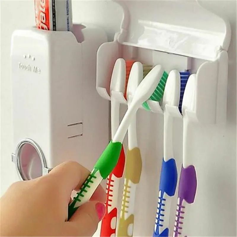 Glamstor|Toothpaste Dispenser With 5 Brush Holder Wall Mounted Automatic Hands Free Toothpaste Dispenser