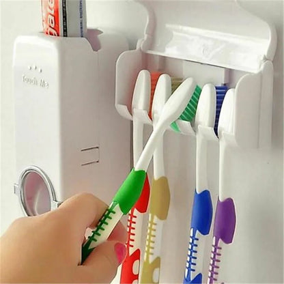 Glamstor|Toothpaste Dispenser With 5 Brush Holder Wall Mounted Automatic Hands Free Toothpaste Dispenser